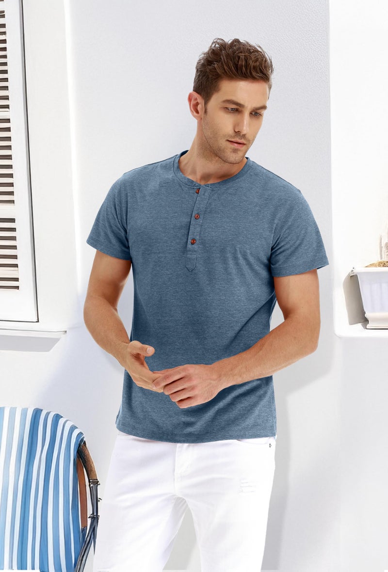 PEGENO Men's Casual Slim Fit Short Sleeve Henley T-Shirts Cotton Shirts VG-Blue-US L - Image 4